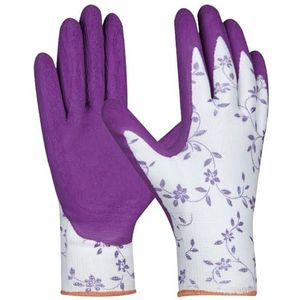 Gebol Flower Lila, maat XS (Gr 6), tuinhandschoenen voor dames in trendy kleuren paars, werkhandschoenen met bloemenpatroon, zachte latexcoating voor goede grip, voor