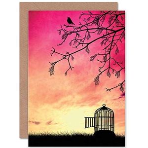Verjaardagskaart met envelop en vogelkooi-motief, roze