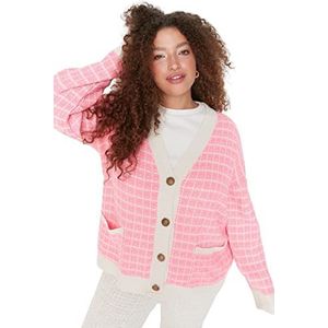 TRENDYOL Cardigan en tricot standard pour femme - Col en V - Grande taille, Rose, 3XL (grande taille)