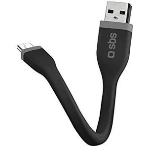 SBS Micro-USB-gegevens- en oplaadkabel, lengte 12 cm, USB-aansluiting, micro-USB, platte afwerking, geen klitten, voor smartphone, tablet, laptop, pc, zwart