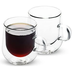 ANSIO® Dubbelwandige cappuccino-beker van borosilicaatglas, duurzaam, dubbelwandig, met handvat, 2 stuks, transparant, ideaal voor warme en koude dranken
