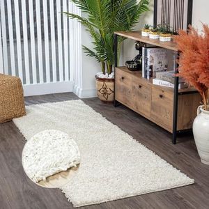 Surya Essentials Hoogpolig tapijt, modern, hoogpolig, voor woonkamer, eetkamer, slaapkamer, abstract tapijt, wollig, onderhoudsvriendelijk, groot tapijt, voor de gang, 80 x 220 cm, wit