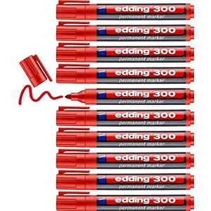 edding 300 permanent marker - rood - 10 stiften - ronde punt 1,5-3 mm - watervast, sneldrogend - wrijfvast - voor karton, kunststof, hout, metaal, glas