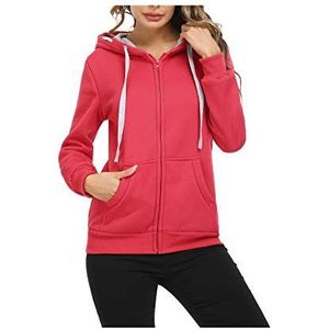 Sykooria Flannel capuchontrui voor dames, met ritssluiting en 2 winterzakken, casual hardlopen, Rood