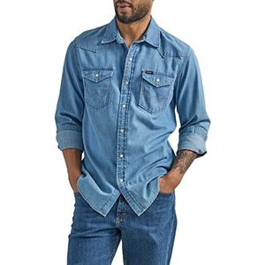 Wrangler Iconisch denim overhemd met rechte pasvorm overhemd met lage knoopsluiting voor heren, Lake Wash