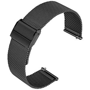 Horlogebandje van metaal voor heren en dames, horlogeband voor smartwatch en traditionele horloges, snelontgrendeling, dubbele gesp, 18 mm, zwart, 18 mm