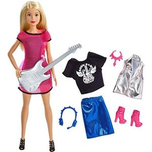 Barbie Rockstar pop, muzikant met zilveren gitaar en extra outfit en accessoires, speelgoed voor kinderen, Gdj34