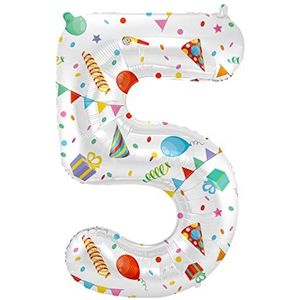 Folat 64175 Ballon d'anniversaire chiffre 5 Joyful Party blanc avec cadeaux et décoration 86 cm Helium Décoration d'anniversaire, numéro de ballon, coloré