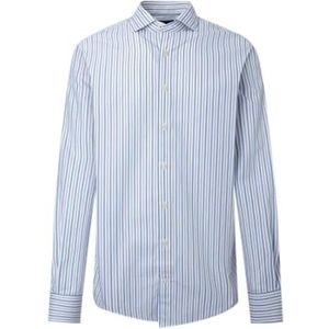 Hackett London Slub Mel Stripes heren T-shirt knopen wit blauw L, Wit, Blauw