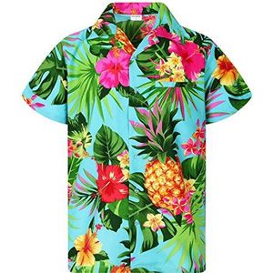 King Kameha - Funky heren overhemd met korte mouwen, met borstzakje, Hawaï-print, ananas-, palmboom- en bloemenmotief, Turkoois
