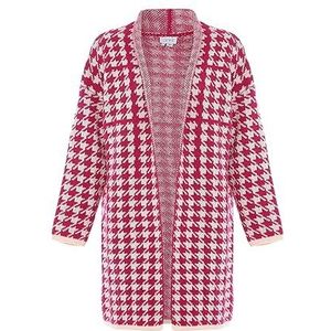 Caneva Cardigan long élégant et classique avec motif pied-de-poule, laine blanche, rose, à carreaux, taille M/L, manteau tricoté M, Laine blanche rose à carreaux, M