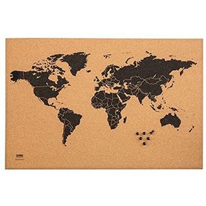 Idena Prikbord van kurk met zwarte wereldkaart 60 x 40 cm, ideaal voor wand en werkplek 10415