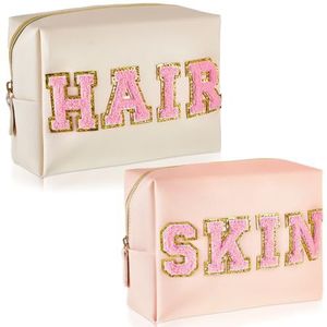 Preppy 2 stuks chenille make-uptassen van waterdicht kunstleer voor dames en meisjes, Wit/Roze, Haar, huid