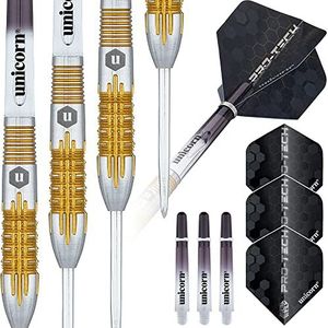 UNICORN Pro-Tech Style 1 dartset, 90% natuurlijk wolfraam met gouden accenten en volutepunten, stalen punt, 22 g