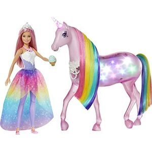 Barbie Dreamtopia GWM78 roze eenhoorn met magische toverlichtjes en regenboog manen, met prinsessenpop, geluiden en lichten, gesloten verpakking, kinderspeelgoed