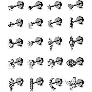 ADRAMATA 20 stuks roestvrijstalen kleine oorbellen voor vrouwen en mannen, 20 g, schroefoorbellen, voor kraakbeen, tragus, daith, helix, piercing, oorpiercing, platte rug, oorbellen