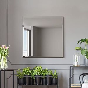 MirrorOutlet The Moderni Grote moderne vierkante wandspiegel met afgeschuinde randen, 70 x 70 cm, zilver op zwarte achtergrond