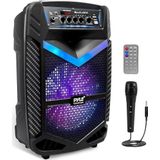 Pyle Bluetooth-luidspreker, 600 W, draagbare bluetooth-luidspreker, luidspreker met wielen, oplaadbare batterij met subwoofer en tweeter, opnamefunctie, bekabelde microfoon, SD/USB/AUX radio