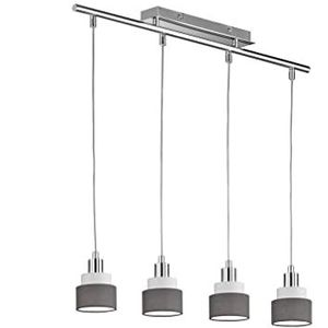Naples Hanglamp, 4-lichts, zilverkleurig/chroom, met stoffen kap, grijs/wit
