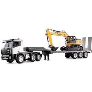 Amewi 2-in-1 vrachtwagenset met lage vrachtwagen en graafmachine 1:24 RTR op afstand bestuurbare RC bouwplaats kinderen 8 jaar, antraciet/zwart/geel