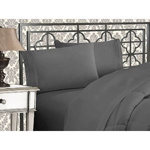 Elegant Comfort Zachte 4-delige beddengoedset met draaddichtheid van 1500, met drie lijnen, kreuk- en lichtbestendig, voor tweepersoonsbed, grijs