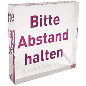Transparant acrylblok als informatiestandaard, display met opschrift ""Bitte Abstand halten "" in de kleur bordeaux, infodisplay van origineel plexiglas