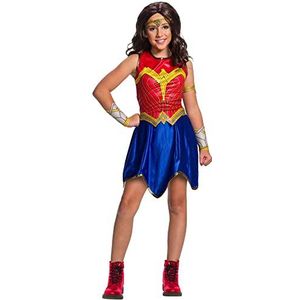 RUBIES - Officieel DC – Wonder Woman – klassiek kostuum voor kinderen – 4-6 jaar – jurk van stof rood en blauw, riem, mouwen, tiara en armband