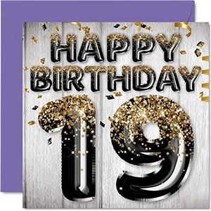 19 Verjaardagskaart voor mannen, ballonnen, zwart en goud, verjaardagskaart voor mannen, 19 jaar, zoon, broer, oom, neef, nee, 145 mm x 145 mm
