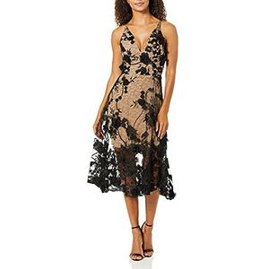 Dress the Population Audrey 3D spaghettibandjes halflange jurk voor speciale gelegenheden dames, zwart/naakt
