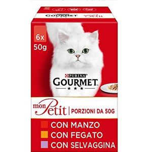 Purina Gourmet Mon Petit Natvoer voor katten, heerlijke recepten voor vlees, rundvlees, lever en wild, 48 zakjes van elk 50 g (8 verpakkingen van 6 x 50 g)
