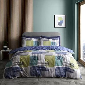 Catherine Lansfield Beddengoedset voor eenpersoonsbed, dekbedovertrek en kussensloop, geometrisch patroon, marineblauw/groen