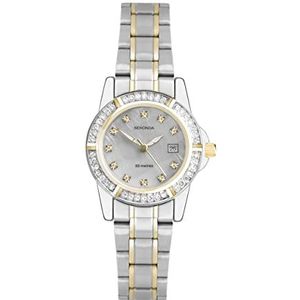 Sekonda Dames 28 mm Stone Set Dress Watch 50 m Waterbestendig Datum Window, Zilver/Goud, Tweekleurige Armband, zilver/goud, Tweekleurige armband
