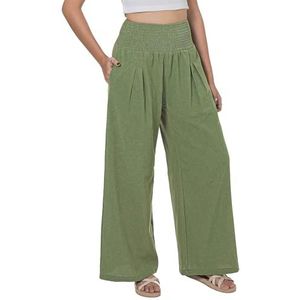 Lofbaz Losse zomerbroek voor dames, katoen en linnen, hoge taille, boho-stijl, met zakken, Salie groen