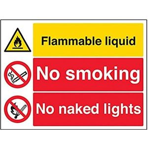 VSafety Informatiebord ""Flammable Liquid/No Smoking/No Naked Lights"", zelfklevend, vinyl, liggend formaat, 400 x 300 mm