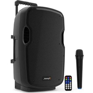 Audibax Denver 10 – actieve luidspreker 10 inch PA – vermogen 150 W – versterkte luidspreker – USB/SD-aansluiting – luidspreker met Bluetooth – inclusief wielen + handmicrofoon – looptijd van 6 uur