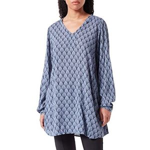 KAFFE Dames tuniek blouse V-hals lange mouwen, blauw/zwart fanprint