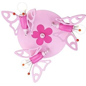 Elobra Plafondlamp voor kinderkamer ""vlinder"" | hoogwaardige lamp voor kinderkamer meisjes van echt hout, roze prinsessenlamp met bloemenpatroon, 30 x 30 x 20 cm, roze