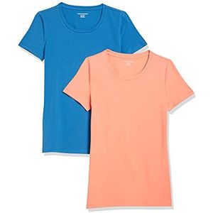 Amazon Essentials Set van 2 T-shirts voor dames met korte mouwen en ronde hals, klassieke pasvorm, blauw/koraaloranje, maat L