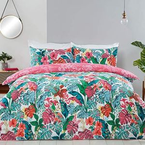 Sleepdown Tropical jungle-bladeren, omkeerbaar dekbedovertrek en kussenslopen, blauwgroen, wit, roze, king 230 x 220 cm
