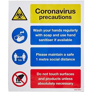 Caledonia Signs 28452/1M/H schild Coronavirus voorzorgsmaatregelen - wassen handen behouden, 1 meter afstand, vermijd aanraking oppervlakken, sticker van vinyl (250 x 300 mm)