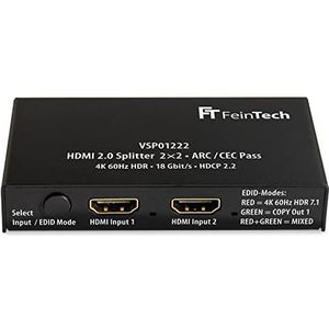 FeinTech VSP01222 HDMI splitter 2.0 2 ingangen, 2 uitgangen, Scaler ARC Pass voor AV-ontvanger 4K 60Hz HDR