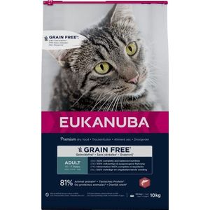 EUKANUBA Grain Free droogvoer voor volwassen katten, premium droogvoer rijk aan zalm voor katten, 10 kg