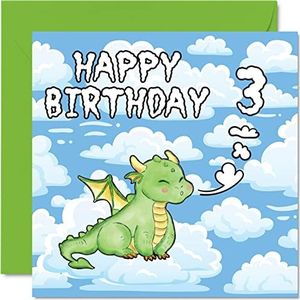 Verjaardagskaart voor de 3e verjaardag, uniseks, motief: schattige draak, 3e verjaardag, wenskaart, 145 mm x 145 mm voor zoon, dochter, broer, zus, kleinkind, nichtje, neefje, neef
