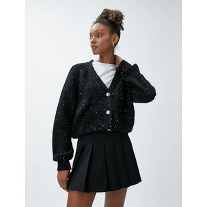 Koton Cardigan Silvery pour femme, col en V, boutonné, en tricot, Noir (999), L