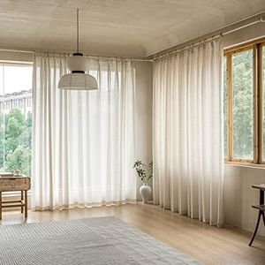 Hiasan Glasgordijn, set van 2 gordijnen, voor woonkamer met ringen, transparant, doorzichtig, luchtig, decoratief, voor slaapkamer en woonkamer, 175 x 140 cm (h x b), beige