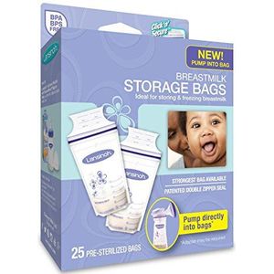 Lansinoh Breast Milk Storage Bags Breastmilk Pouches voor koelkast of vriezer, plat of standaard, BPA en BPS-vrij, voorgesteriliseerd, dubbele ritssluiting, 25 stuks