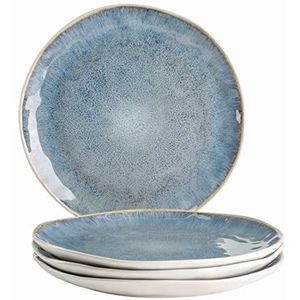 MÄSER Frozen Set van 4 moderne platte borden met gespikkeld glazuur en organische vormen, 4 grote platte keramische borden in spannende vintage look, steengoed, blauw