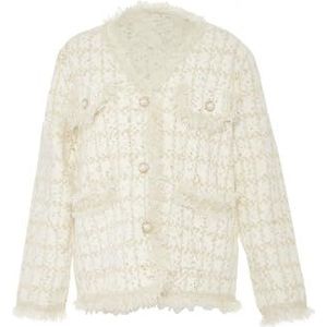 ALARY Cardigan tricoté à pompon pour femme - Style parfum - Pull à carreaux - Simple rangée - Double poches - Blanc laine - Taille unique, Blanc cassé, taille unique