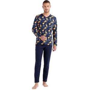 HOM Lange pyjama Lucky Pajama set voor heren, Blauw/Marineblauw Bloemenprint Top, Marineblauw Effen Onderkant