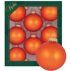 LAUSCHAER Set van 8 kerstballen in oranje mat uni 6,7 cm met gouden kroon + 50 snelhangers in goud gratis voor uw bestelling